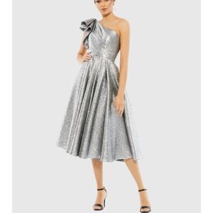 NWT Mac Duggal Silver One Shouldr Brocade Ruffle Metallic Fit Flare Midi Dress 4